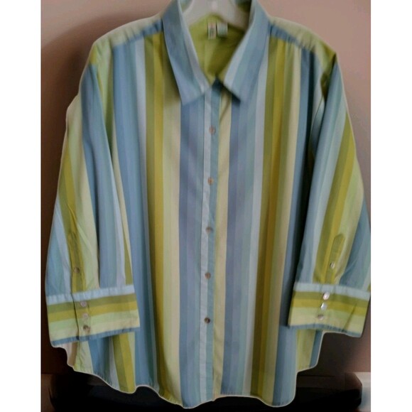 bill blass Tops - BillBlass Women's Blouse 2X Green/Blue Stripes Button Flare Button Sleeve Cotton